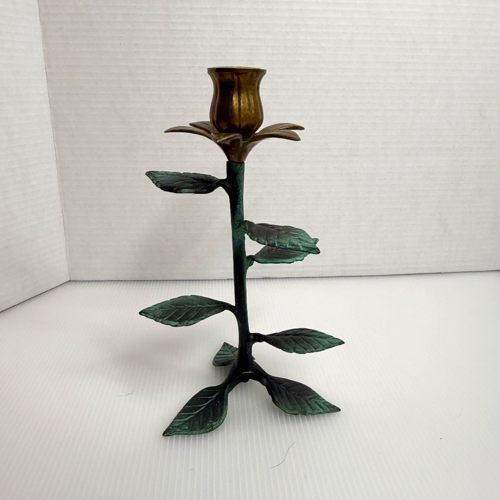 Brass Flower Vintage Candle Candlestick Roses‎ Stems Leaves Made in India 22cm